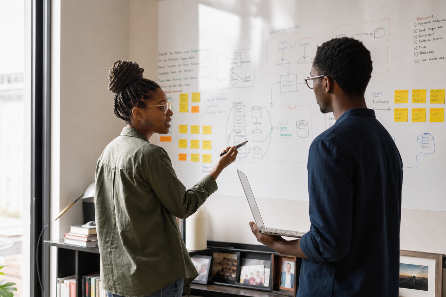 Devslab engineers walking through a system architecture on a whiteboard