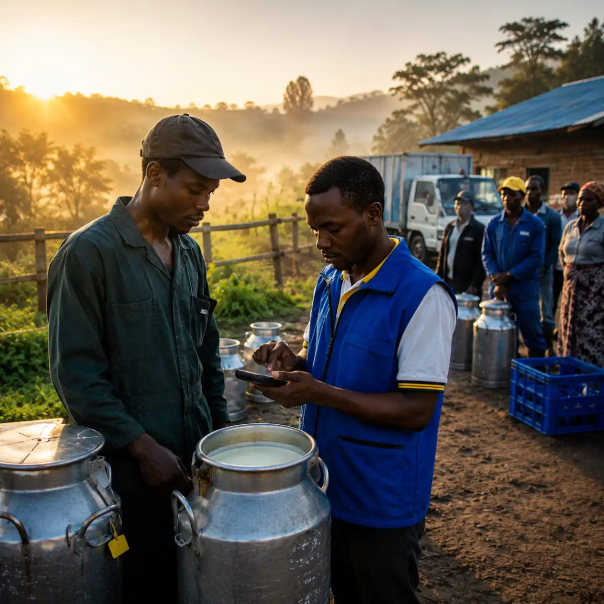 Farmers logging a milk delivery with Gemura at a collection center