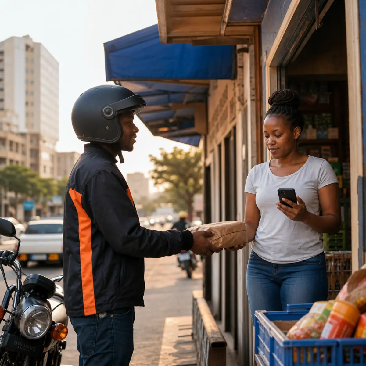 A TumaNow rider collecting a parcel from a shop in Kigali